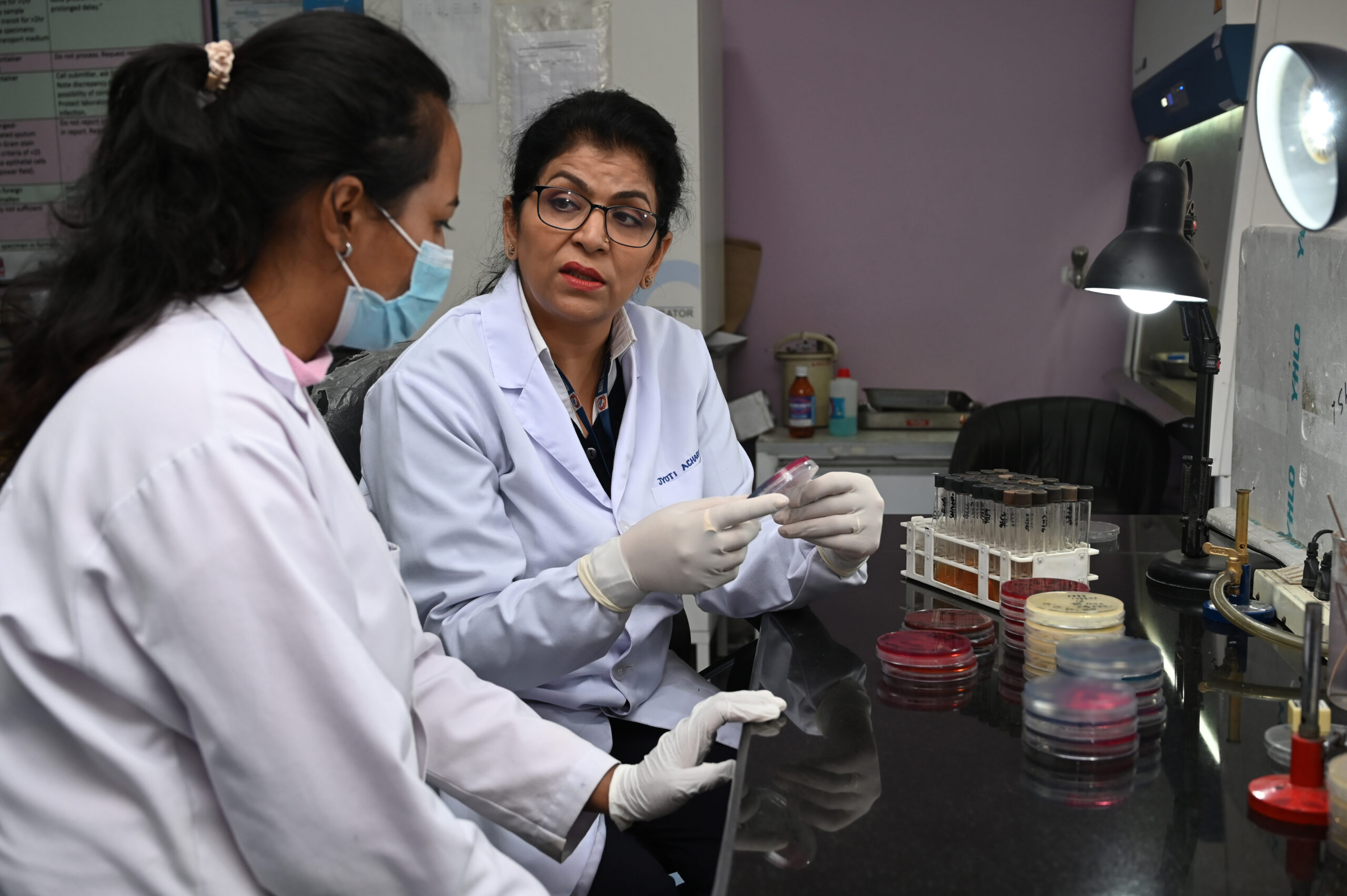 Jyoti Acharya (right), Chief Medical Laboratory Technologist at Bir Hospital in Nepal.
